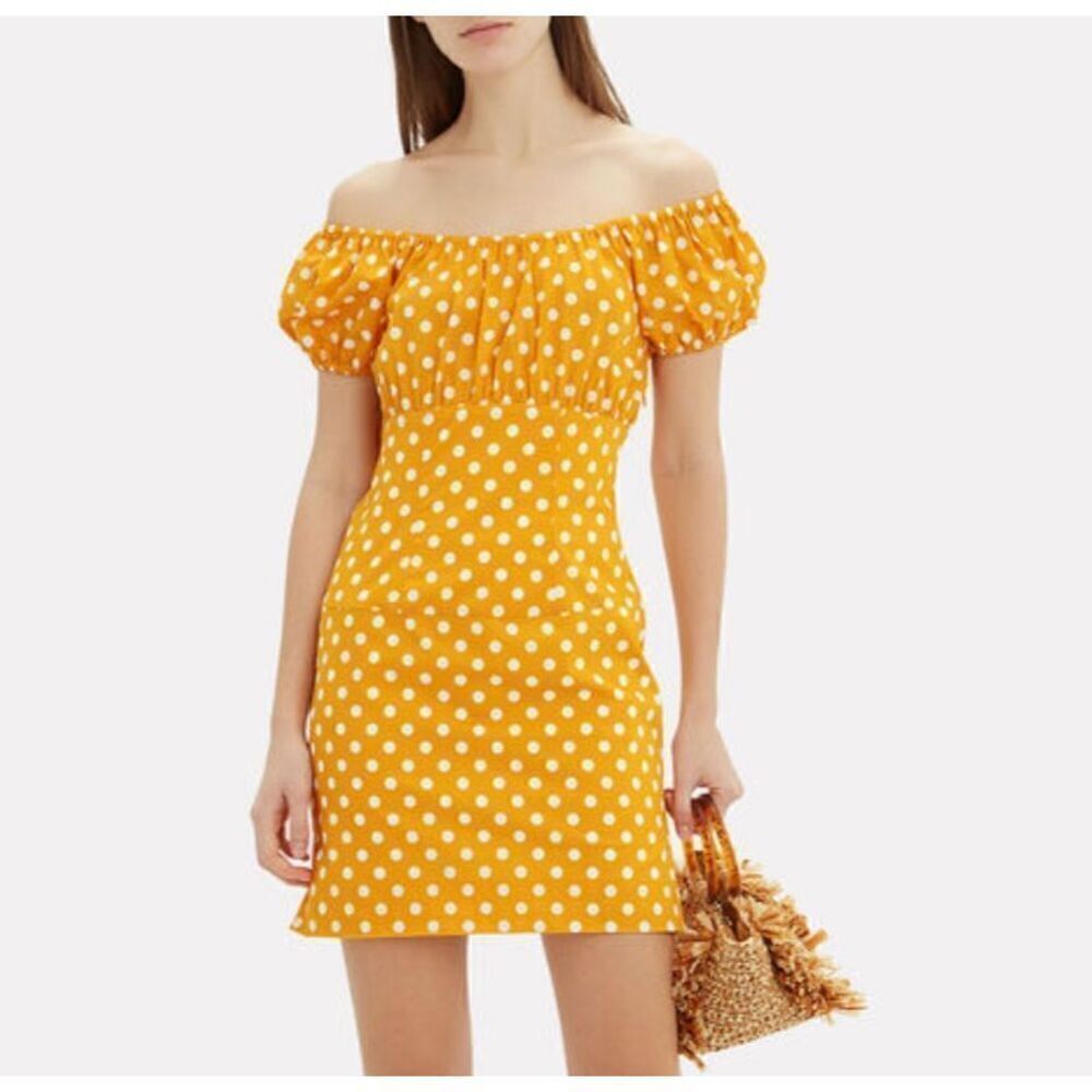 NWT Caroline Constas Calla Polka Dot Puff Sleeve Mini Dress Yellow White Size XS